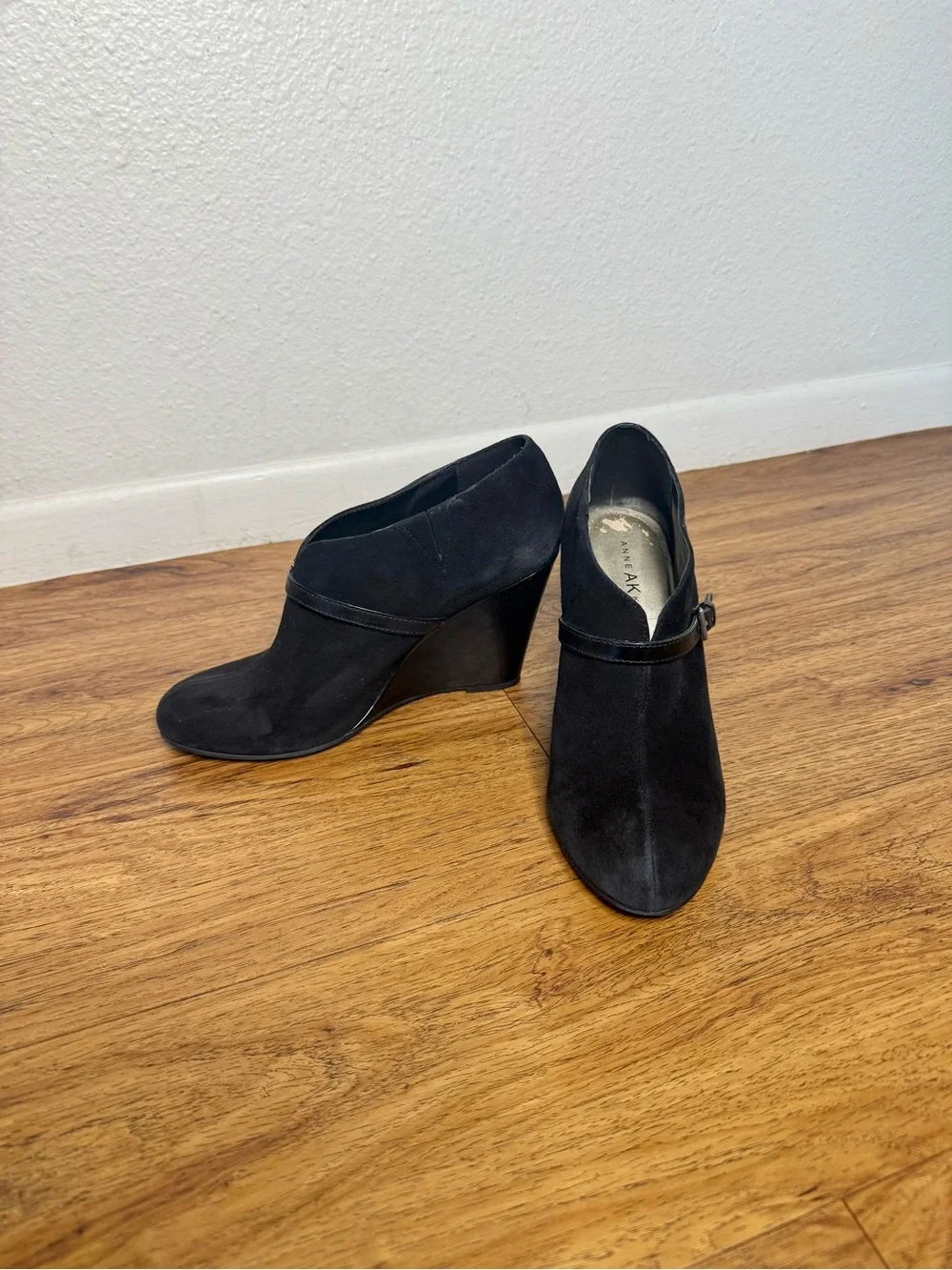 Anne Klein Black Faux Suede Wedge Booties Size 7M Buckle Detail